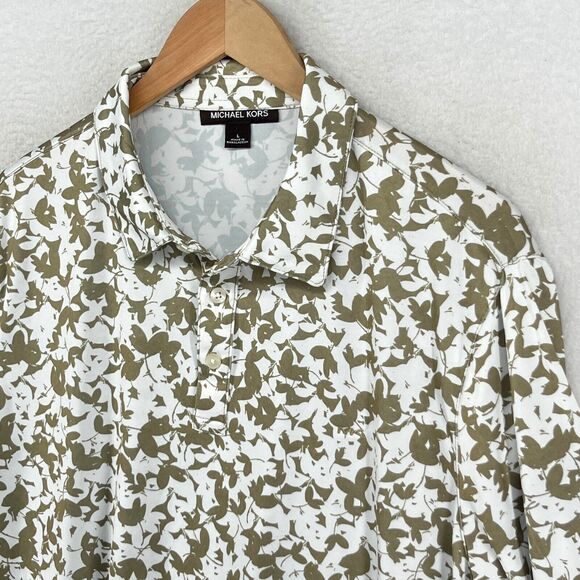 MICHAEL KORS Shirt Men L Golf Polo Short Sleeve Floral Camo Performance Olive - Picture 7 of 13